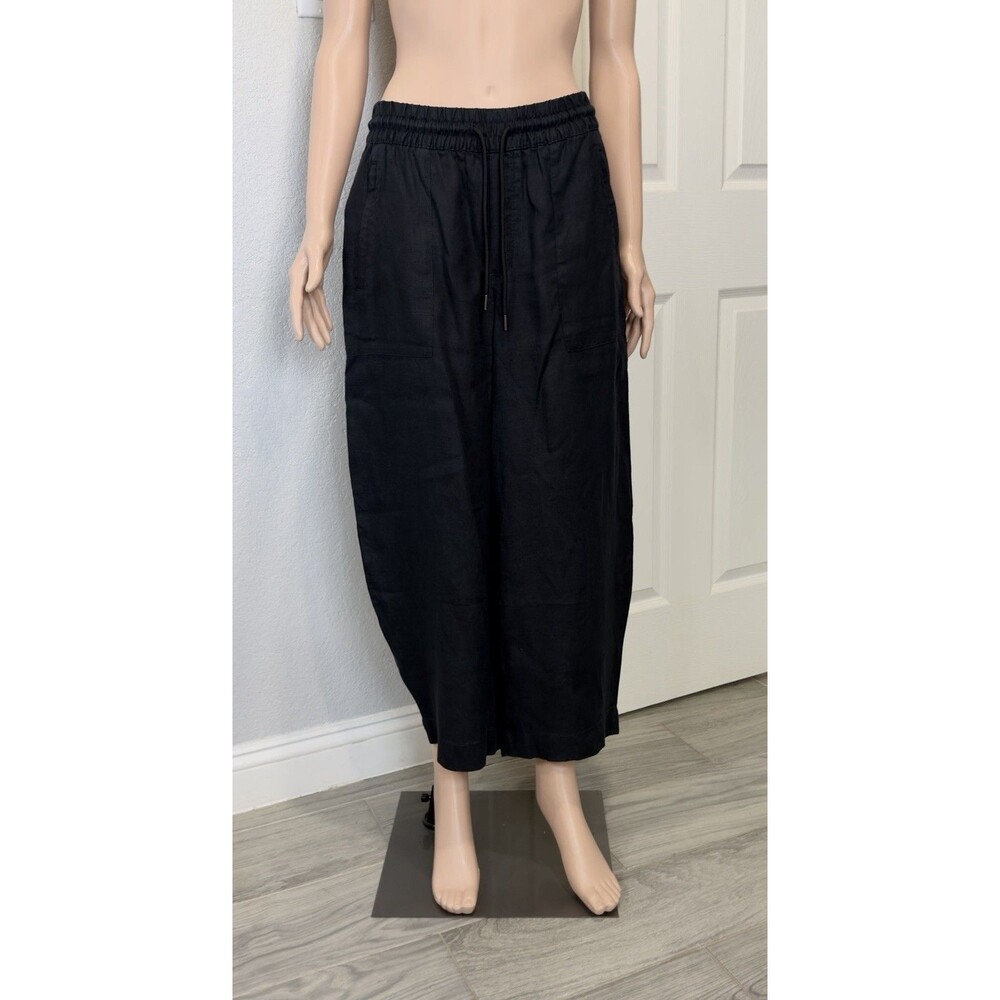 Athleta Women SP 100% Linen Wide Leg Cropped Pants Black Drawstring Zip Pockets